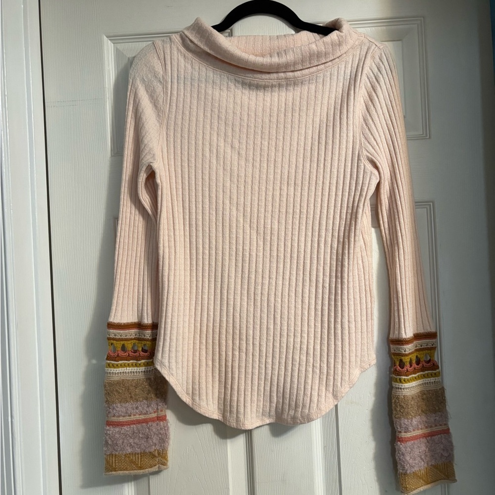 Free People Mixed Up Sweater Cuff Cowl Neck Ribbed Thermal Top Boho Size Small